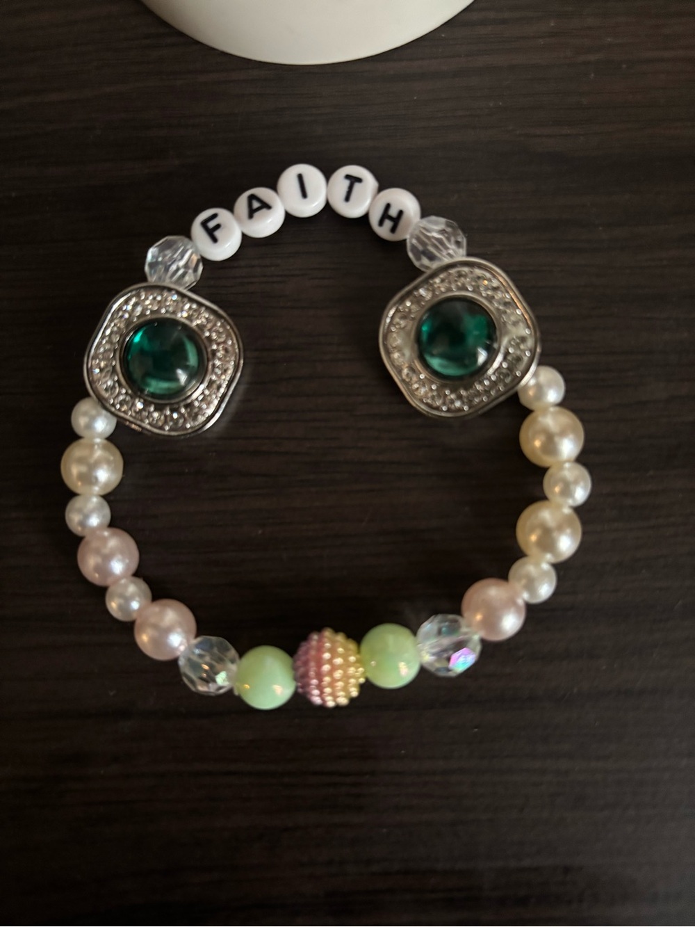 FAITH Beaded Stretch Bracelet with Green Gem Accents